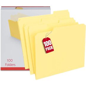 1InTheOffice Yellow File Folders Letter Size, File Folders with Tabs, Filling Folders, 1/3 Cut Tab, 100 /Pack