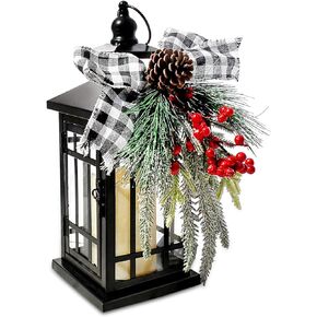 Christmas Decorative Lantern w/LED Flickering Flameless Candle - 14 Inch, Antiqued Vintage Lantern with Xmas Ornament for Outside Indoor Table Holiday Party Decoration