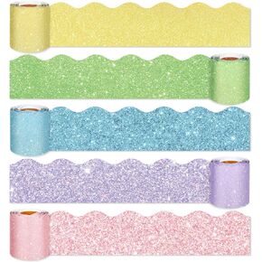 Whaline 164ft Spring Easter Bulletin Board Borders Glitter Candy Colors Die-Cut Bulletin Board Strips Colorful Rolled Bulletin Board Trim for School Classroom Office Chalkboard Decoration, 5 Rolls