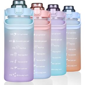 Large Motivational Water Bottle with Straw Time Marker BPA Free for Sport and Fitness (Pink Blue, 64 Oz / Half Gallon)