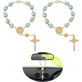 Cobee Car Rosary for Rearview Mirror, 2 Pieces Car Mirror Hanging Cross Auto Rosary Rear View Mirror Pendant Car Hanging Accessories Interior Decors for Women Men (Black Gold)