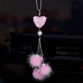 Wisdompro Bling Car Rear View Mirror Hanging Accessories for Women, Rhinestone Diamond Bowknot, Imitation Pearl and Pink Plush Ball Car Rearview Mirror Charms, Lucky Ornament Pendant - Pink
