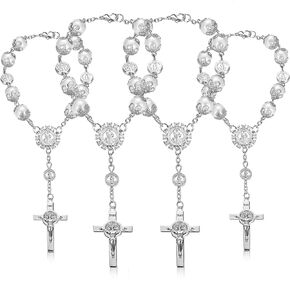 Saint Benedict Car Rosary 4 Pcs White Rearview Mirror Auto Rosary Hanging Personalized Car Cross Blessing Catholic Car Medal for Truck Bike Motorcycle Car Mirror Hanging Accessories Decors