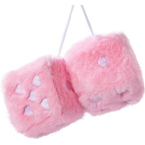 Heart Embroidered Baby Pink Fuzzy Plush Dice - 3-Inch Decorative Car Mirror Hanging Ornaments, Soft Foam, Easy Install, Great Gift Idea (Baby Pink)