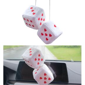 Pair Fuzzy Plush Dice for Car Mirror, 3'' Retro Square Dice with Heart-Shape, Universal Auto Rearview Mirror Hanging Ornament Decoration, Car Accessories for Women (Black&Red)