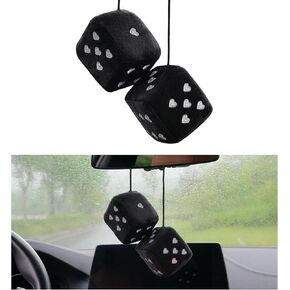 Pair Fuzzy Plush Dice for Car Mirror, 3'' Retro Square Dice with Heart-Shape, Universal Auto Rearview Mirror Hanging Ornament Decoration, Car Accessories for Women (Black&Red) in Saudi Arabia