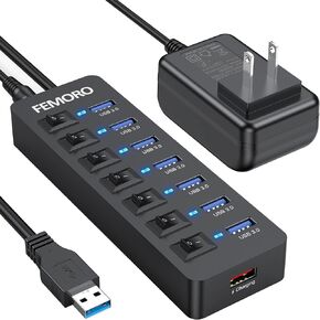 Powered USB Hub 3.0, FEMORO Data 7 Ports and USB Charging 1 Port Multi USB 3.0 Splitter with Individual LED Switches Power Adapter 4FT Extender Long Cable for Laptop Computer PC PS4 Flash Drive HDD
