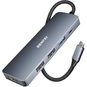 BENFEI 5in1 USB C Hub with 4K HDMI, 3 USB-A, 100W Power Delivery, Silicone and Woven Design Cable, Aluminum Case Compatible with MacBook Pro/Air, iPad Pro, iMac, iPhone 15 Pro/Pro Max, XPS, Thinkpad
