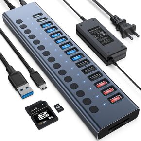 Powered USB Hub, VANGREE 17-Port USB Splitter (7 USB 3.0 Ports+3 2.4A Charging Ports+3 USB 2.0 Ports+2 USB-C 3.0 Ports+SD/TF Card Reader), Individual On/Off Switches, 90W Power Adapter for Laptop, PC