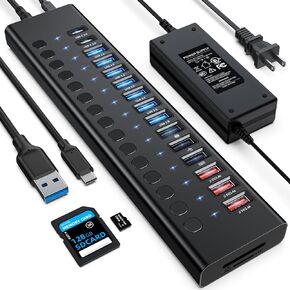 موزع USB يعمل بالطاقة، موزع VANGREE 17 منفذ 90 وات USB 3.0 (7 منافذ USB 3.0 + 3 منافذ شحن ذكية + 3 منافذ USB 2.0 + 2 منافذ USB-C 3.0 + قارئ بطاقة SD/TF)، محول طاقة 12 فولت/7.5 أمبير للكمبيوتر المحمول ، الكمبيوتر