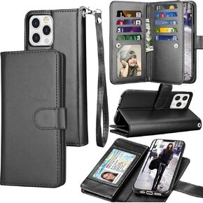 Tekcoo Wallet Case Compatible with iPhone 13 (6.1 inch) 2021 Luxury ID Cash Credit Card Slots Holder Carrying Pouch Folio Flip PU Leather Cover [Detachable Magnetic Hard Case] with Strap [Black]