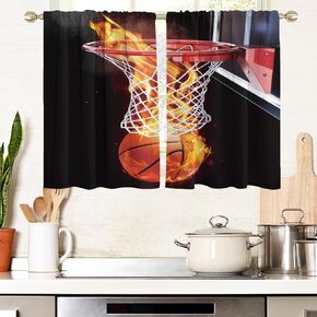 AAtter Basketball Window Curtains Boys Sports Mens Teen Black Kids Red Dark Orange Cool 3D Ball Flame Gamer Living Room Bedroom Window Drapes Treatment Fabric 1 Pair Home Decor, 42" W x 63" L, Modern in Saudi Arabia
