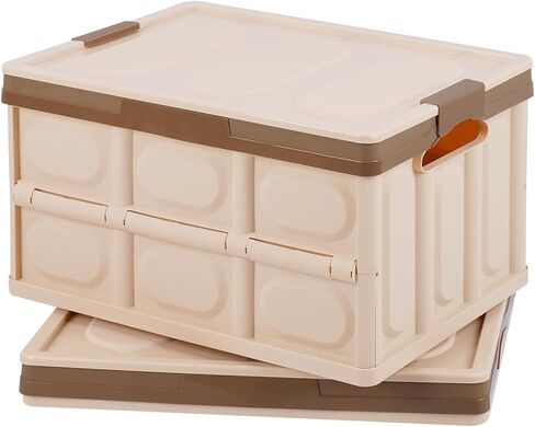 Phyllia 2 Pack Foldable Storage Bin with Lid, 30L Collapsible Plastic Storage Crate, Lidded Stackable Storage Box Container for Bedroom Bathroom Office Clothes Toy Books Grocery,Brown in Saudi Arabia