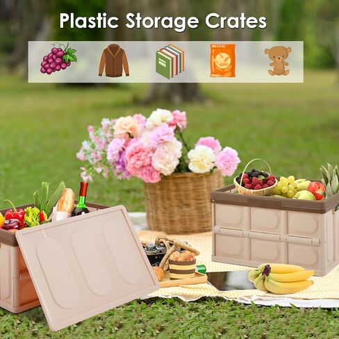Phyllia 2 Pack Foldable Storage Bin with Lid, 30L Collapsible Plastic Storage Crate, Lidded Stackable Storage Box Container for Bedroom Bathroom Office Clothes Toy Books Grocery,Brown in Saudi Arabia