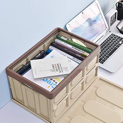 Phyllia 2 Pack Foldable Storage Bin with Lid, 30L Collapsible Plastic Storage Crate, Lidded Stackable Storage Box Container for Bedroom Bathroom Office Clothes Toy Books Grocery,Brown in Saudi Arabia