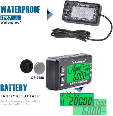 Inductive Tachometer Gauge Hour Meter Engine Tachometer Maintenance Reminder Digital Tacho Hour Meters for Boat Lawn Mower Generator Marine ATV Motorcycle (Black) in Kuwait