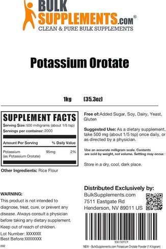 BulkSupplements.com Potassium Orotate Powder - Potassium Supplement, Potassium Orotate 500mg, Potassium Powder - Gluten Free, 500mg (95mg Potassium) per Serving, 500g (1.1 lbs) (Pack of 1) in Saudi Arabia