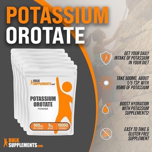 BulkSupplements.com Potassium Orotate Powder - Potassium Supplement, Potassium Orotate 500mg, Potassium Powder - Gluten Free, 500mg (95mg Potassium) per Serving, 500g (1.1 lbs) (Pack of 1) in Saudi Arabia