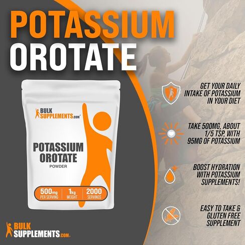 BulkSupplements.com Potassium Orotate Powder - Potassium Supplement, Potassium Orotate 500mg, Potassium Powder - Gluten Free, 500mg (95mg Potassium) per Serving, 500g (1.1 lbs) (Pack of 1) in Saudi Arabia