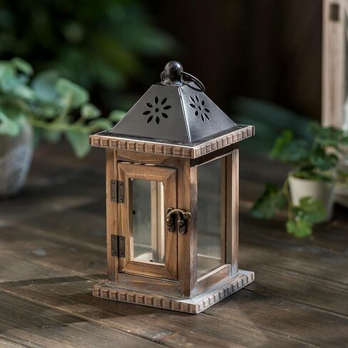 Farmhouse Decorative Candle Lanterns - Indoor Wooden Rustic Candle Holder for Table Centerpieces Fireplace Mantle Shelf, 10" Hanging Home Decor, Brown in Saudi Arabia