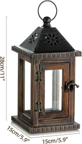 Farmhouse Decorative Candle Lanterns - Indoor Wooden Rustic Candle Holder for Table Centerpieces Fireplace Mantle Shelf, 10" Hanging Home Decor, Brown in Saudi Arabia