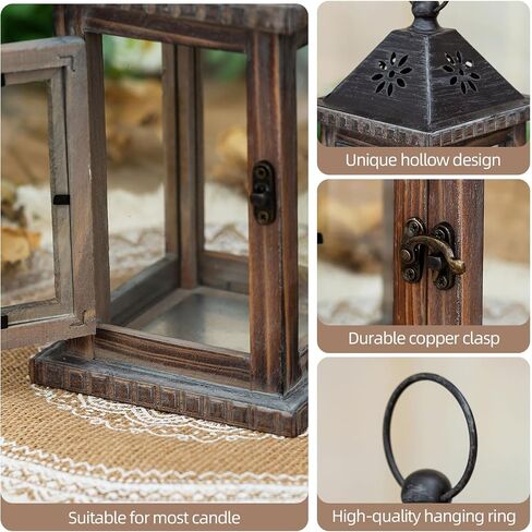 Farmhouse Decorative Candle Lanterns - Indoor Wooden Rustic Candle Holder for Table Centerpieces Fireplace Mantle Shelf, 10" Hanging Home Decor, Brown in Saudi Arabia