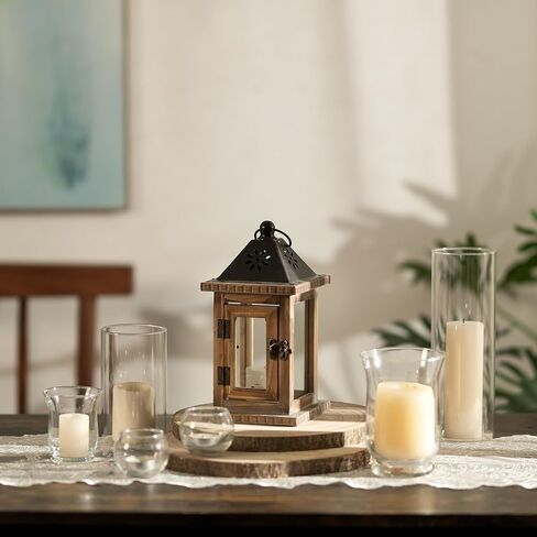Farmhouse Decorative Candle Lanterns - Indoor Wooden Rustic Candle Holder for Table Centerpieces Fireplace Mantle Shelf, 10" Hanging Home Decor, Brown in Saudi Arabia