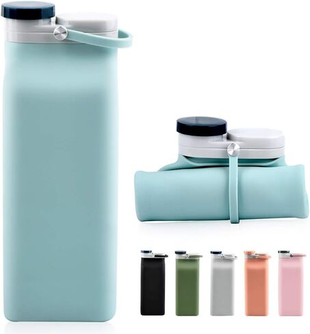زجاجة مياه قابلة للطي خالية من مادة BPA - زجاجة مياه قابلة للطي سعة 20 أونصة لزجاجات السفر الرياضية مع مقاومة ثلاثية للتسرب خفيفة الوزن (أزرق) in Kuwait