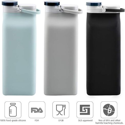 زجاجة مياه قابلة للطي خالية من مادة BPA - زجاجة مياه قابلة للطي سعة 20 أونصة لزجاجات السفر الرياضية مع مقاومة ثلاثية للتسرب خفيفة الوزن (أزرق) in Kuwait
