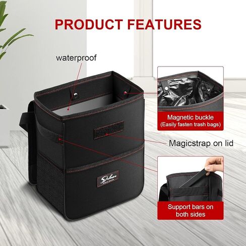 Simple Deluxe Car Trash Can with Storage Pockets, Leak-Proof Car Garbage Can with Adjustable Straps, Collapsible, Portable and Waterproof Trash Bag for Car, 3 Gallon, Black in Saudi Arabia