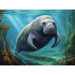 F-CANLAN Round Full Drill Diamond Painting Set, 5D Manatee Diamond Painting with Gem Cute Manatee Diamond Painting Crafts Kit for Beginner Diamond Art Painting by Numbers Room Decor (16X12 inches)