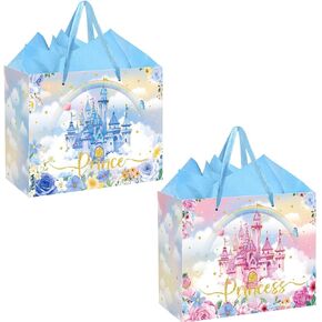Princess Gift Bag Floral Prince Princess Birthday Party Favor Bag with Card and Princess Wrapping Paper Pink Castle Treat Candy Gift Wrap Paper Bag for Girls Birthday Princess Theme Baby Shower Party