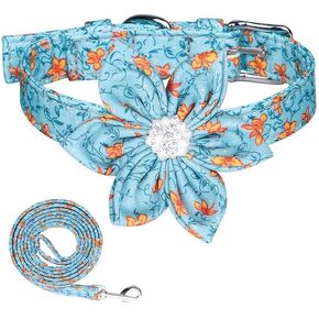 Floral Print Dog Collar with Flower Accent and Leash,with Stainless Steel Hardware and D-Ring, for Puppies Kitten Cats Small Animals Purple XS