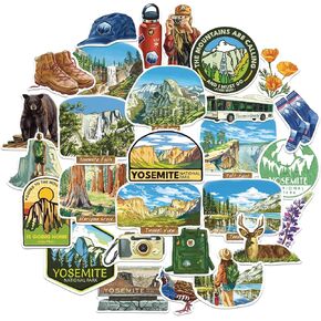 Navy Peony Yosemite National Park Stickers (28pcs) - Watercolor, California, Nature-Themed Vacation Decals for Journals, Scrapbooks, Water Bottles