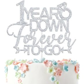 1 Year Down Forever to Go Cake Topper, 1 Year of Marriage Gift, Happy 1st Wedding Anniversary Party Decoration Supplies, Silver Glitter