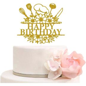 Chef Happy Birthday Cake Topper, Cooker/Masterchef Birthday Cake Decor, Cooking Baking BBQ KitchenThemed Birthday Party Decorations Gold Glitter