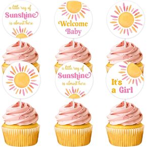 Cheereveal 24pcs Boho Sun Cupcake Toppers, A Little Ray of Sunshine is Almost Here Cake Decorations, Welcome Baby Sunshine Themed Baby Shower Birthday Party Supplies