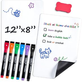 2 Pack Magnetic Dry Erase Whiteboard for Refrigerator, 12"x8" Erasable Blank Notepad for Home Kitchen Office Organizer and Planner Include 1 Eraser,& 6 Markers