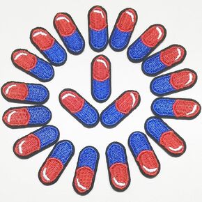 20pcs Blue and Red Pill Patches Iron On Appliques Machine Embroidery Embroidered Patch Fun Appliques Cool Patches Jacket Patch Jeans Patch Backpack Patch DIY 0.8"x0.4"