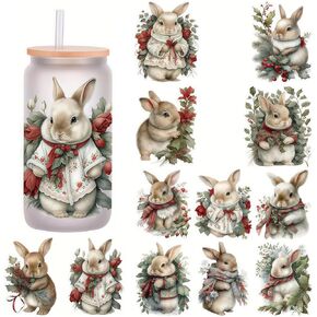 5pcs Vintage Christmas Bunny UV DTF Cup Wraps Winter UV DTF Transfer Waterproof Sticker for Glass Cups Furniture Craft DIY Crafts，Rub on Transfer Stickers for DIY Water Bottle Laptop Decal Wood Car