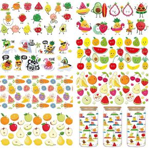 UV DTF Transfer Cup Sticker - 12 Sheets Cartoon Fruits Animal UV DTF Cup Wraps for 16 oz Glass Cups, Waterproof Colorful UV DTF Transfer Stickers, Water Bottle Cute Decals Crafts Gifts