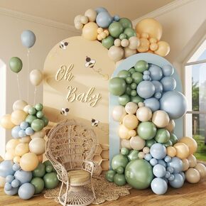 146pcs Dusty Blue and Green Balloon Arch Garland Kit, Pastel Blue Sage Green Nude Sand White Latex Balloons for Bear Themed Birthday Wedding Baby Shower Party Decorations