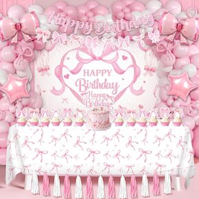 Cocomigo 136pcs Bow Birthday Decorations for Girl with Tablecloth Backdrop Banner Cake Topper Light Pink Long Balloons Pink Fringe Curtains Tassel Banner for Coquette Birthday Decorations