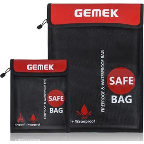 Fireproof Waterproof Money Document Bag 2 Pack, GEMEK Safe Zipper Bags, Fire & Water Resistant Storage Organizer Pouch for A4 A5 Documents Holder,File,Cash,Jewelry,Passport,Tablet,Laptop (Black)