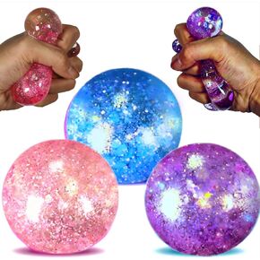 Fidget Toys for Kids - Slow Rise Glitter Gel Stress Balls for Adults Pack of 4, Malt Sugar Stress Balls Sensory Squishy Squeeze Balls for Anxiety Relief/Therapy/Exercise(Blue/Pink/Purple/Coral)