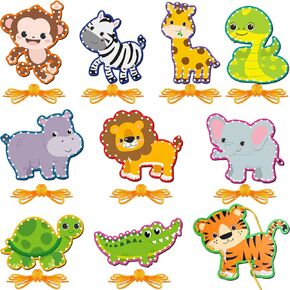 10 Pieces Kids Jungle Animal Lacing Cards Safari Animal Sewing Cards Thick Cardboard Double Sided Lacing Playing Games for Children Toddler Developing Imagination Education Supplies (Jungle Style)