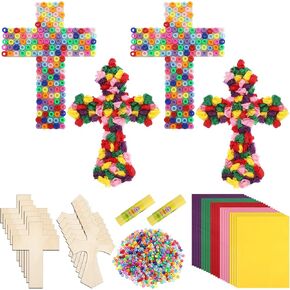 30 Sets Cross Crafts for Kids DIY Christian Jesus Crafts Bible Crafts Sunday School Vbs Supplies Religious Wooden Cross Sticky Boards with Tissue Paper Beads Gift for Church Activities