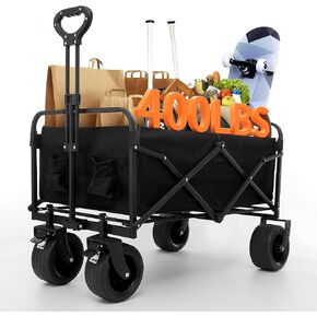 sagetta Wagons Carts Foldable Beach Carts with Wide Wheels Utility Collapsible Wagon with Wheels Heavy Duty Wagons for Grocery Sports Garden Shopping Camping 400LBS Load, Black