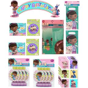 Doc McStuffins Party Supplies Deluxe Bundle includes 1 Table Cover, 1 Hppy Birthday Banner, 16 Loot Bags, 16 Party Blowouts, 16 Party Invitations, 24 Stickers