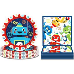 Robot Birthday Party Plates and Napkins for 24 Guests 64 Pcs Robot Party Supplies Disposable Tableware Set Robot Paper Plates Napkins Robot Plates and Napkins for Robots Theme Birthday Party Supplies